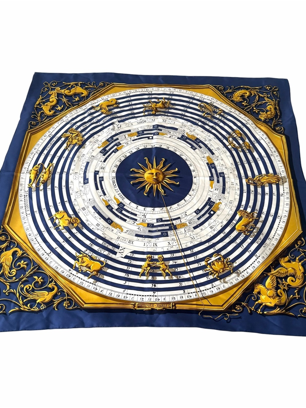HERMES Silk Scarf THE ASTROLOGIE DIES ET HORE by F. Faconnet Blue Gold Astrology
